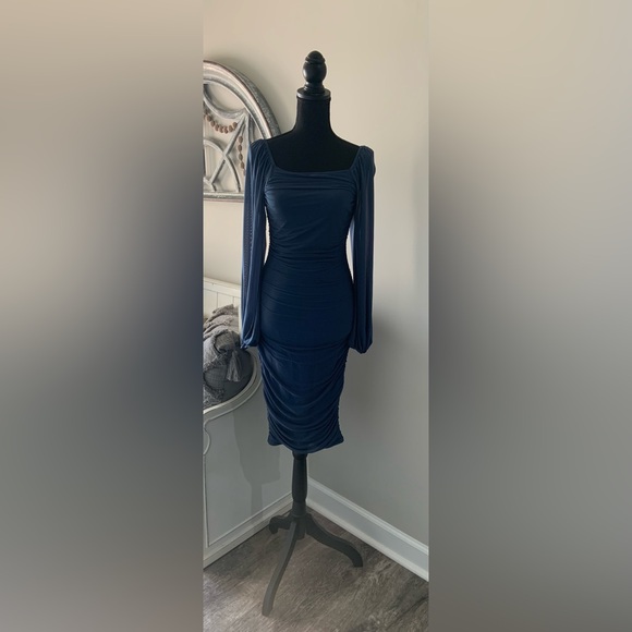 ZESICA Women's Puff Sleeve Square Neck Ruched Bodycon Midi Dress- Size S- BNWT - Picture 5 of 8